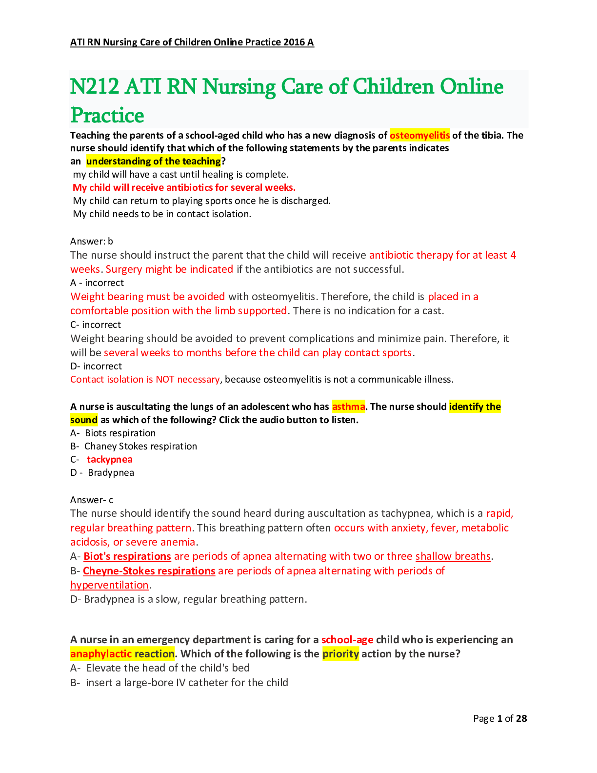 N212 ATI RN Nursing Care of Children Online Practice  A.